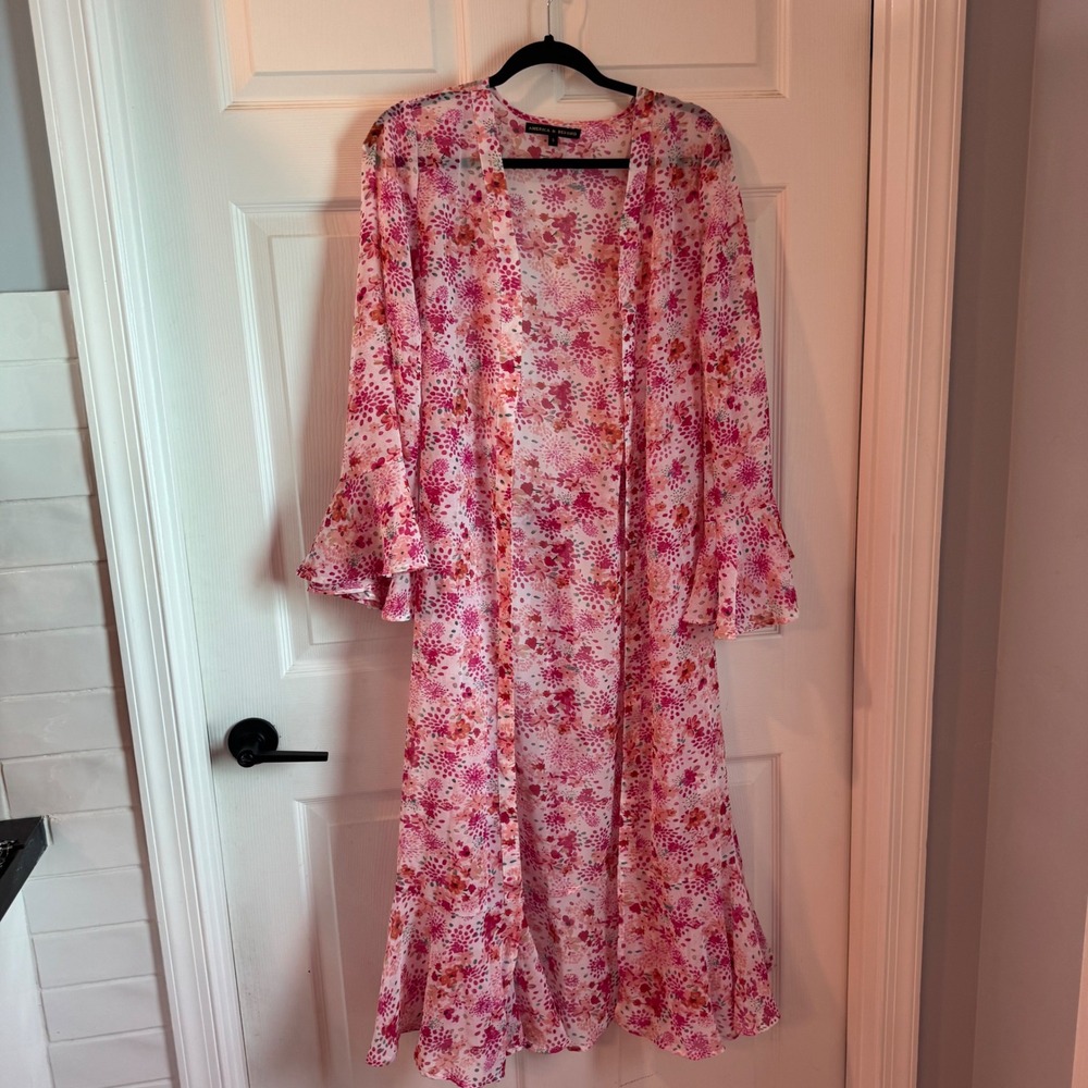 America & Beyond Duster Sz  S Pink Floral Sheer Bell Sleeve Tiered Boho Cardigan